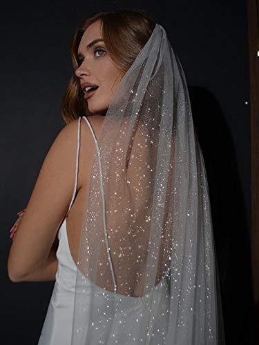 1 Tier Glitter Bride Wedding Veil Fingertip Bachelorette Party Veil Sparking Bridal Veil for Women and Girls (Ivory) - Decotree.co Online Shop