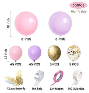 118pcs Pastel Pink and Purple Balloons Garland Arch Kit, with gold butterfly stickers for Baby Shower Girls Birthday Party Wedding - Decotree.co Online Shop