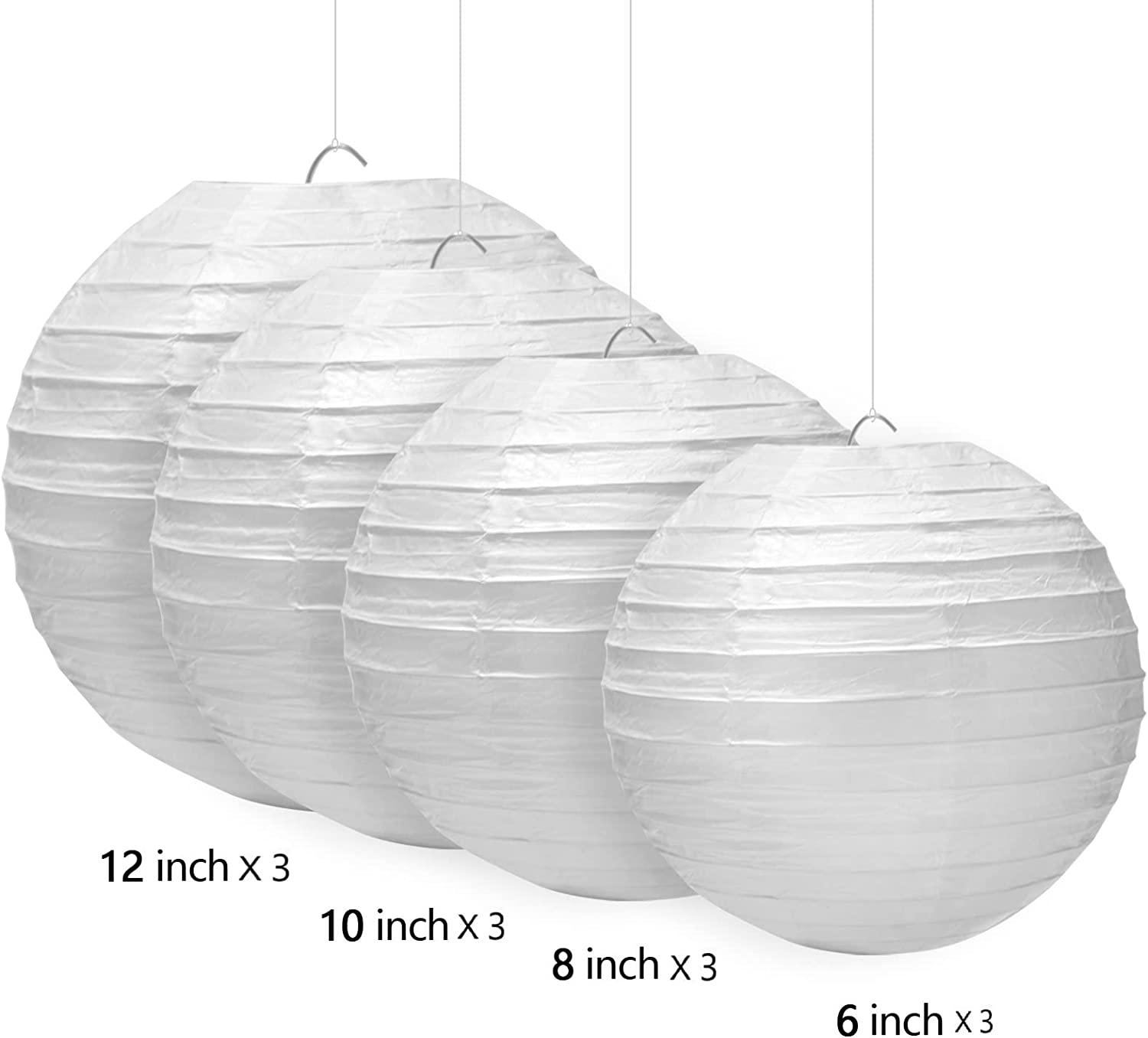 12 Packs LED Paper Lantern with Lights ,6" 8" 10" 12" Round Hanging Chinese/Japanese Ball Lantern for Wedding - Decotree.co Online Shop