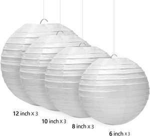 12 Packs LED Paper Lantern with Lights ,6" 8" 10" 12" Round Hanging Chinese/Japanese Ball Lantern for Wedding - Decotree.co Online Shop