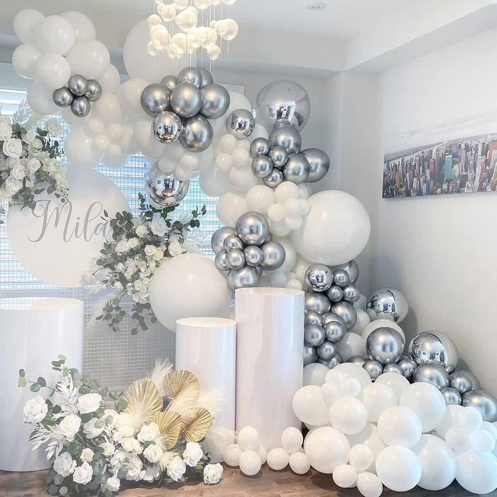 139 Pieces White Silver Balloon Arch Garland Kit, Latex Balloons for Baby Shower Wedding Birthday Graduation - Decotree.co Online Shop