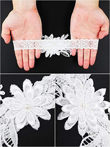 2 Pieces Wedding Garters Daisy Lace Bridal Garter Hand Sewn Faux Pearls Garter for Bride (Milk White) - Decotree.co Online Shop