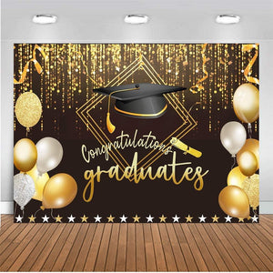 2023 Class Graduation Photography Backdrop Black and Gold Cap Balloon Grad Congrats Party Banner Background - Decotree.co Online Shop