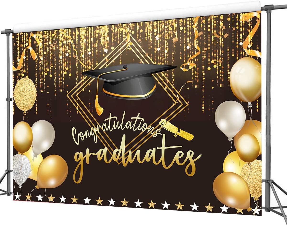 2023 Class Graduation Photography Backdrop Black and Gold Cap Balloon Grad Congrats Party Banner Background - Decotree.co Online Shop