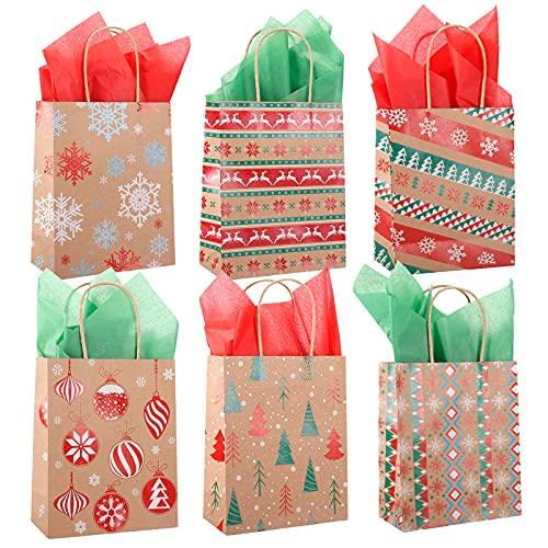 24 PCS Christmas Kraft Gift Bags with Tissue Paper, Christmas Paper Gift Bags with Handle Christmas Goody Bags - Decotree.co Online Shop