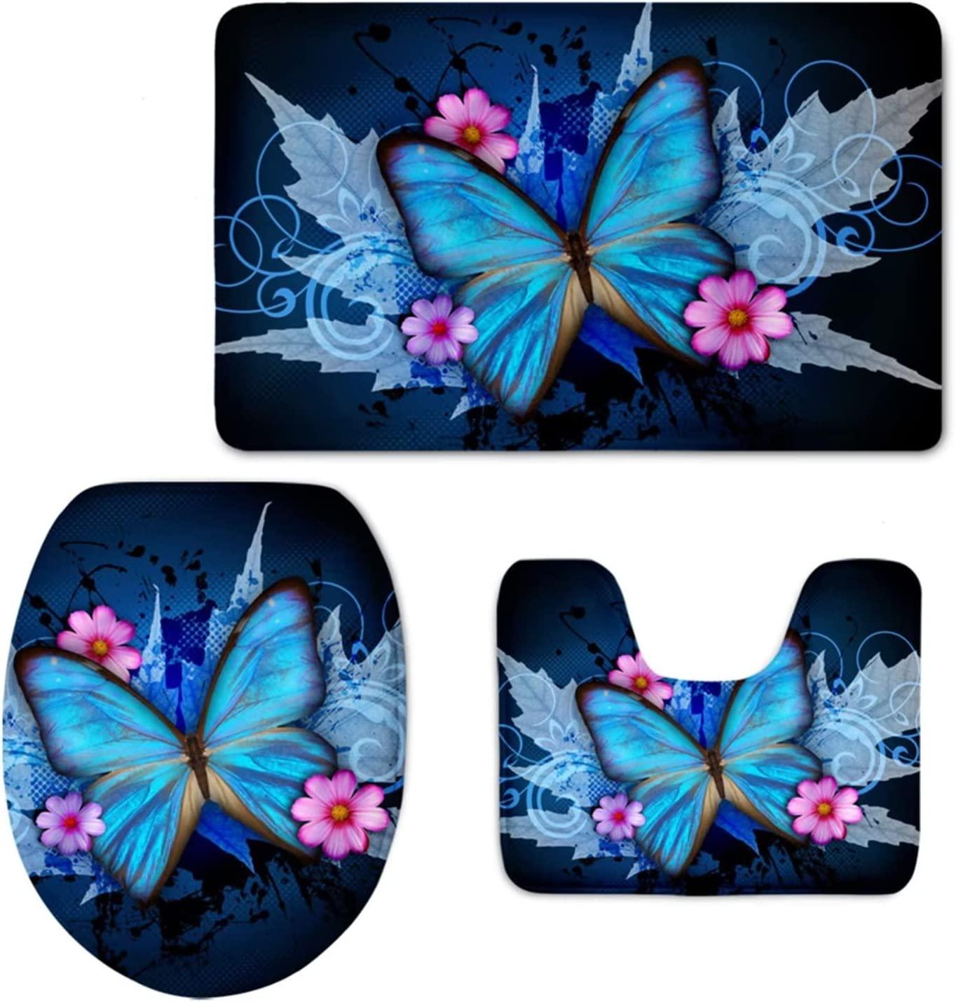 3 Pieces Bathroom Rug Set Butterfly Pattern Bath Mat Contour and Toilet Cover - Decotree.co Online Shop