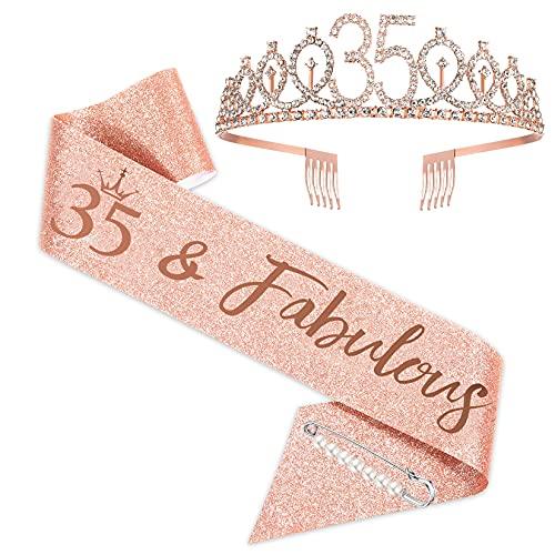 35th Birthday Sash and Tiara for Women, Rose Gold Birthday Sash Crown 35 & Fabulous Sash and Tiara for Women - Decotree.co Online Shop