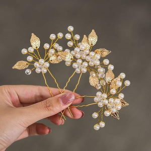 Pearl Bride Wedding Hair Pins Leaf Bridal Head Piece Flower Hair Accessories for Women and Girls (Pack of 3) (Gold) - Decotree.co Online Shop