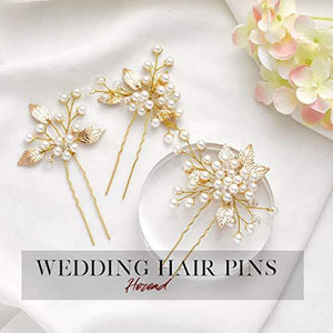 Pearl Bride Wedding Hair Pins Leaf Bridal Head Piece Flower Hair Accessories for Women and Girls (Pack of 3) (Gold) - Decotree.co Online Shop