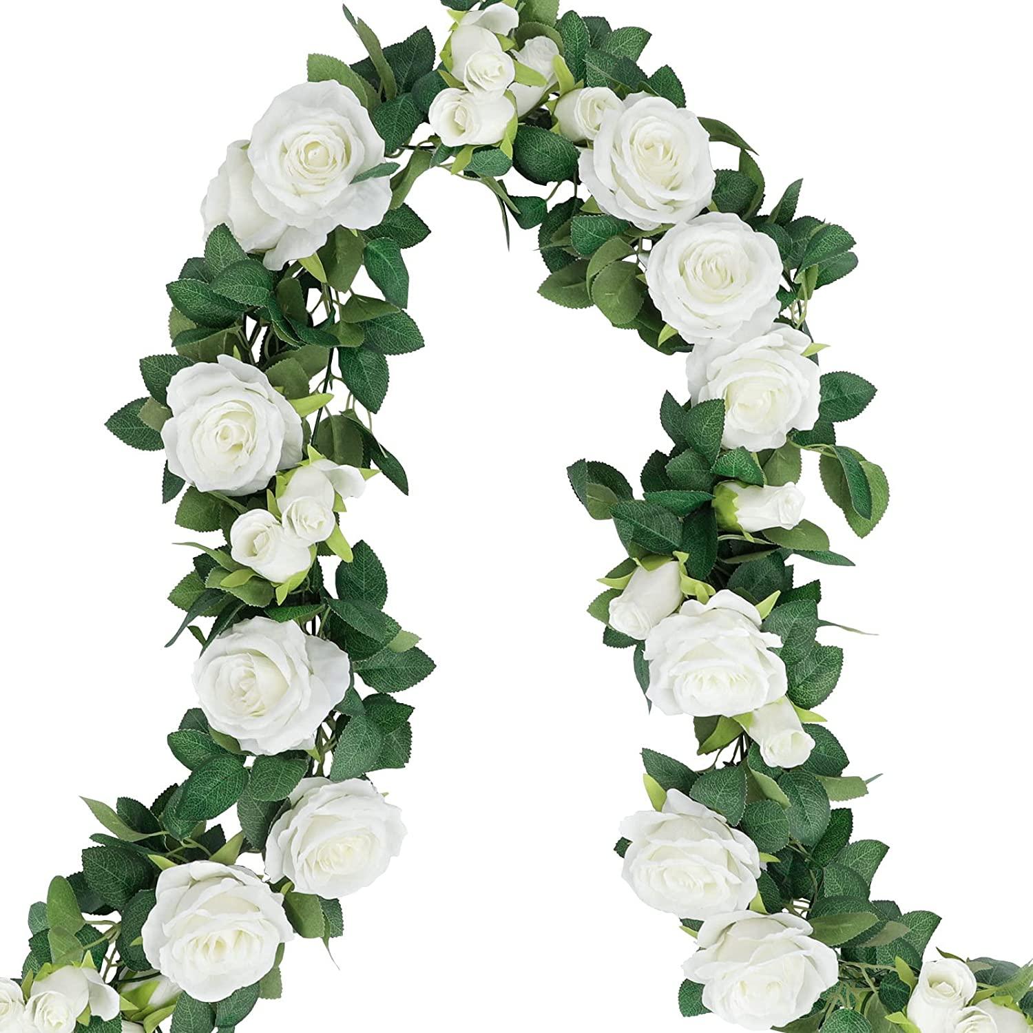 4pcs White Rose Garland, Artificial Flower Vines Fake Silk White Rose Garland Outdoor Wedding Decorations - Decotree.co Online Shop