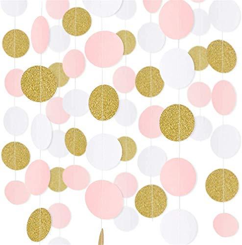 5pcs 65ft Paper Garland Pink White Glitter Gold Circle Dots Hanging Decorations Streamers for Birthday - Decotree.co Online Shop