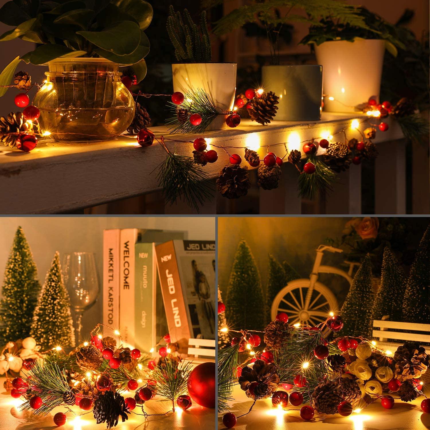 6.5FT 20 LED Christmas Garland with Lights, Red Berry Pine Cone Garland Lights Battery Operated - Decotree.co Online Shop