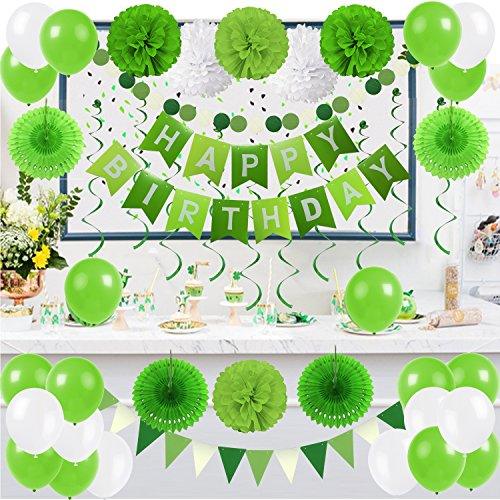 Birthday Party Decoration, Happy Birthday Banner Bunting with 4 Paper Fans Tissue 6 Paper Pom Poms Flower 10 Hanging Swirl and 20 Balloon for Birthday Party Decorations -Green and White - Decotree.co Online Shop