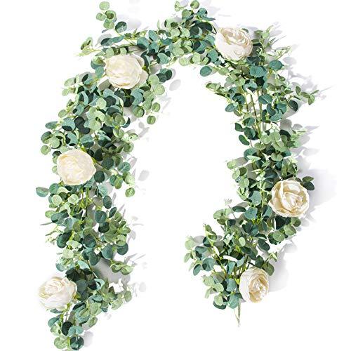 6ft 5pcs Artificial Rose Vine Decorations Hanging Eucalyptus Garland with Champagne Rose for Wedding Arch - Decotree.co Online Shop