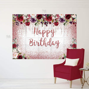 7x5ft Burgundy Red Floral Birthday Backdrop Rose Gold Glitter Blush Happy Birthday Party Supplies - Decotree.co Online Shop