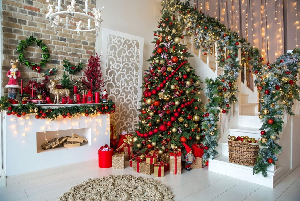 7x5FT Christmas Backdrops for Photography Fireplace Christmas Photography Background Indoors Xmas Tree Gift - Decotree.co Online Shop