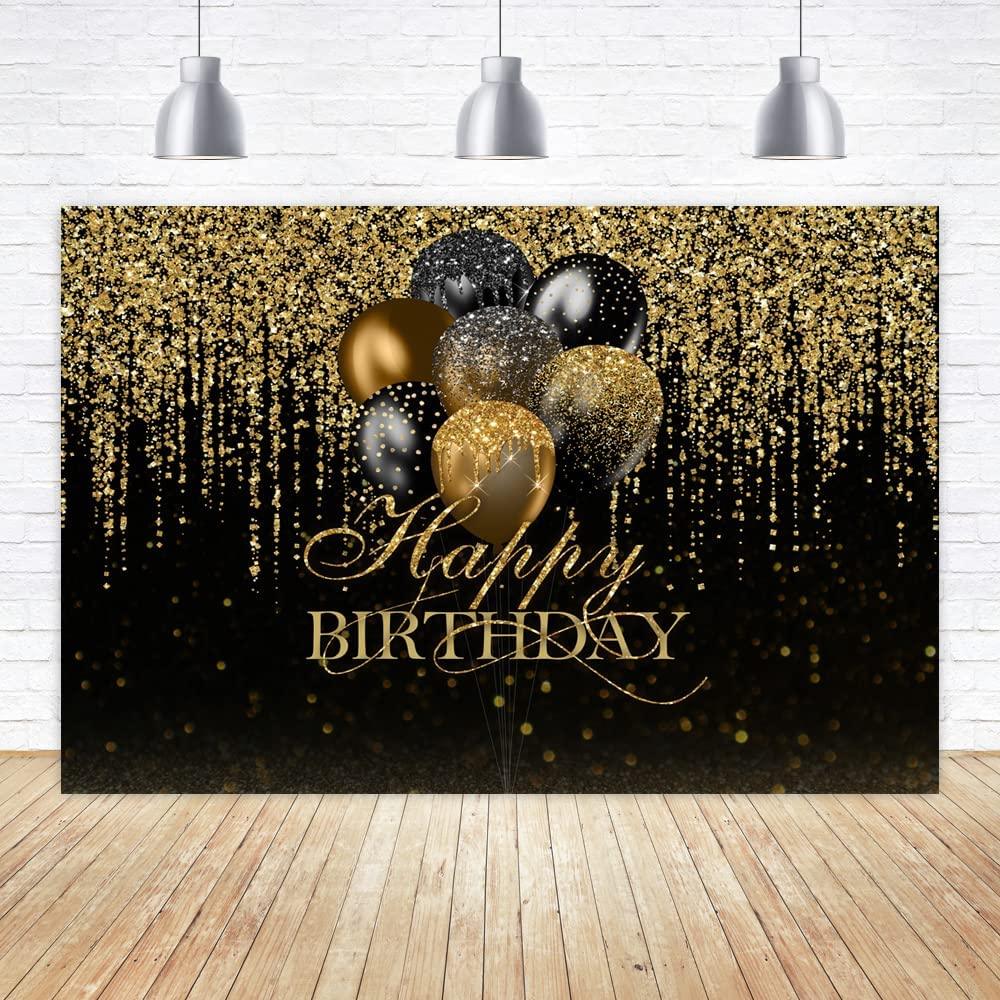 7x5ft Happy Birthday Backdrop Glitter Black and Gold Balloons Photography Background - Decotree.co Online Shop