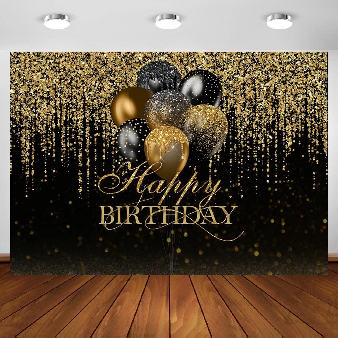 7x5ft Happy Birthday Backdrop Glitter Black and Gold Balloons Photography Background - Decotree.co Online Shop