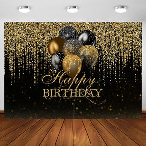 7x5ft Happy Birthday Backdrop Glitter Black and Gold Balloons Photography Background - Decotree.co Online Shop