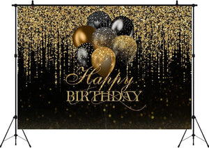 7x5ft Happy Birthday Backdrop Glitter Black and Gold Balloons Photography Background - Decotree.co Online Shop