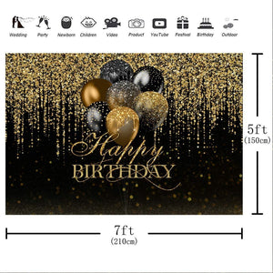 7x5ft Happy Birthday Backdrop Glitter Black and Gold Balloons Photography Background - Decotree.co Online Shop