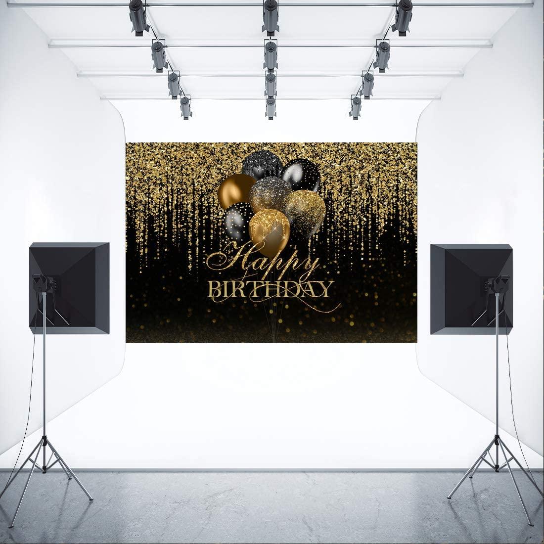 7x5ft Happy Birthday Backdrop Glitter Black and Gold Balloons Photography Background - Decotree.co Online Shop