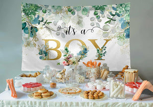 7X5FT It's a Boy Baby Shower Backdrop Succulent and Eucalyptus Leaves Background - Decotree.co Online Shop