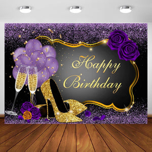 7x5FT Purple Happy Birthday Backdrop Rose Shiny Sequin High Heels Champagne Golden Frame Glasses Photography Background - Decotree.co Online Shop