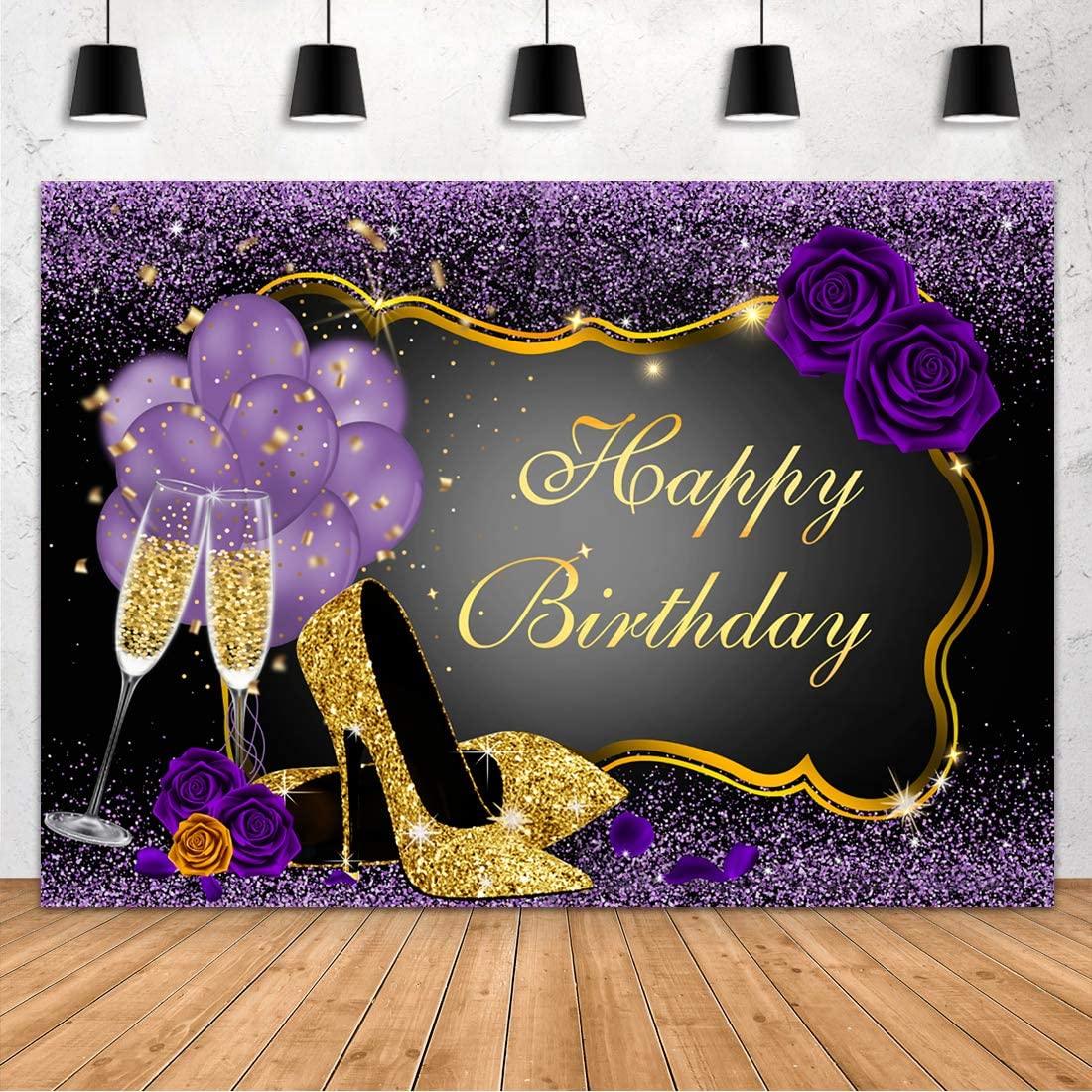 7x5FT Purple Happy Birthday Backdrop Rose Shiny Sequin High Heels Champagne Golden Frame Glasses Photography Background - Decotree.co Online Shop