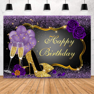 7x5FT Purple Happy Birthday Backdrop Rose Shiny Sequin High Heels Champagne Golden Frame Glasses Photography Background - Decotree.co Online Shop