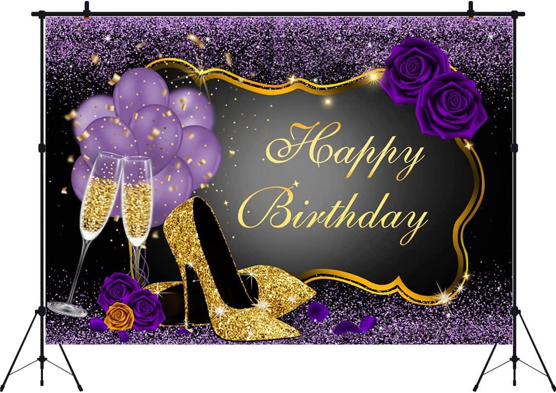 7x5FT Purple Happy Birthday Backdrop Rose Shiny Sequin High Heels Champagne Golden Frame Glasses Photography Background - Decotree.co Online Shop