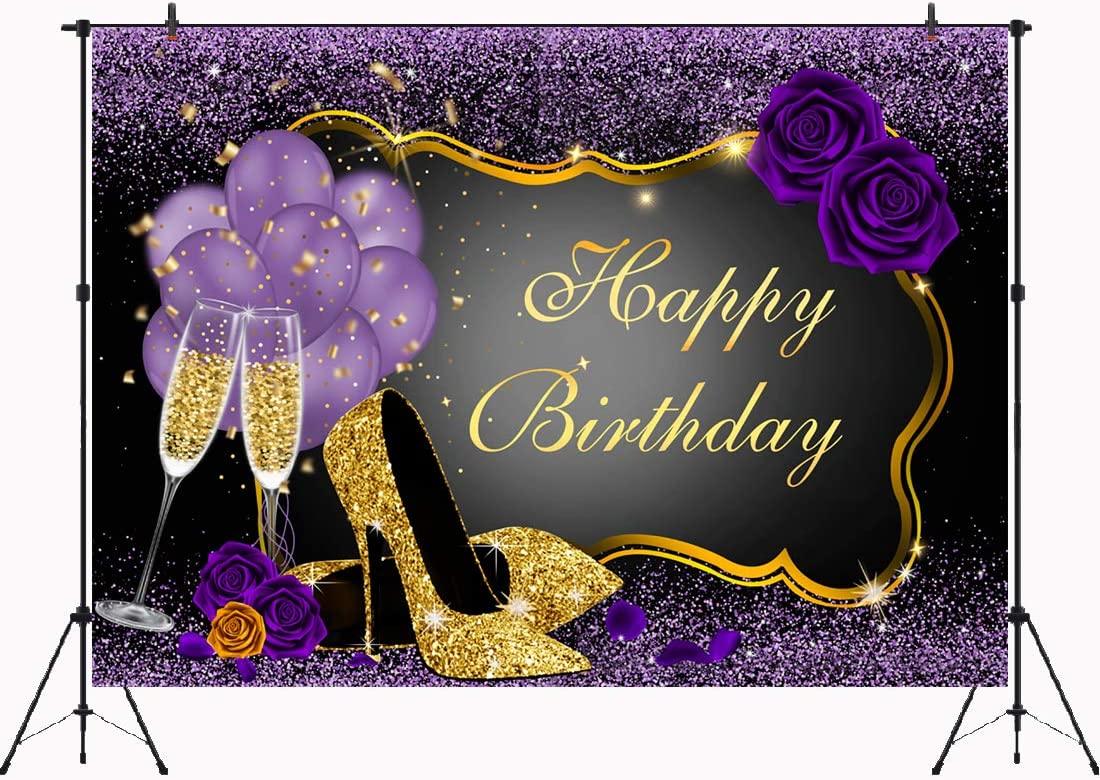 7x5FT Purple Happy Birthday Backdrop Rose Shiny Sequin High Heels Champagne Golden Frame Glasses Photography Background - Decotree.co Online Shop