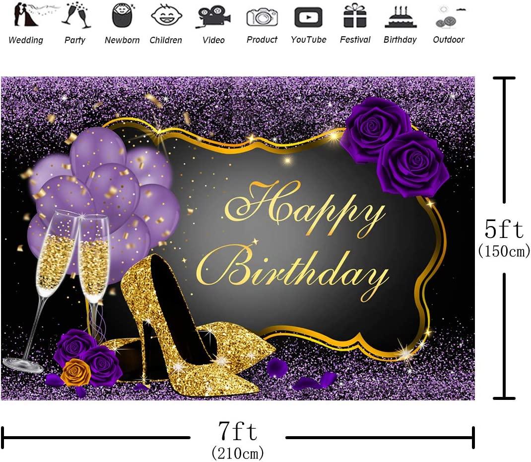 7x5FT Purple Happy Birthday Backdrop Rose Shiny Sequin High Heels Champagne Golden Frame Glasses Photography Background - Decotree.co Online Shop