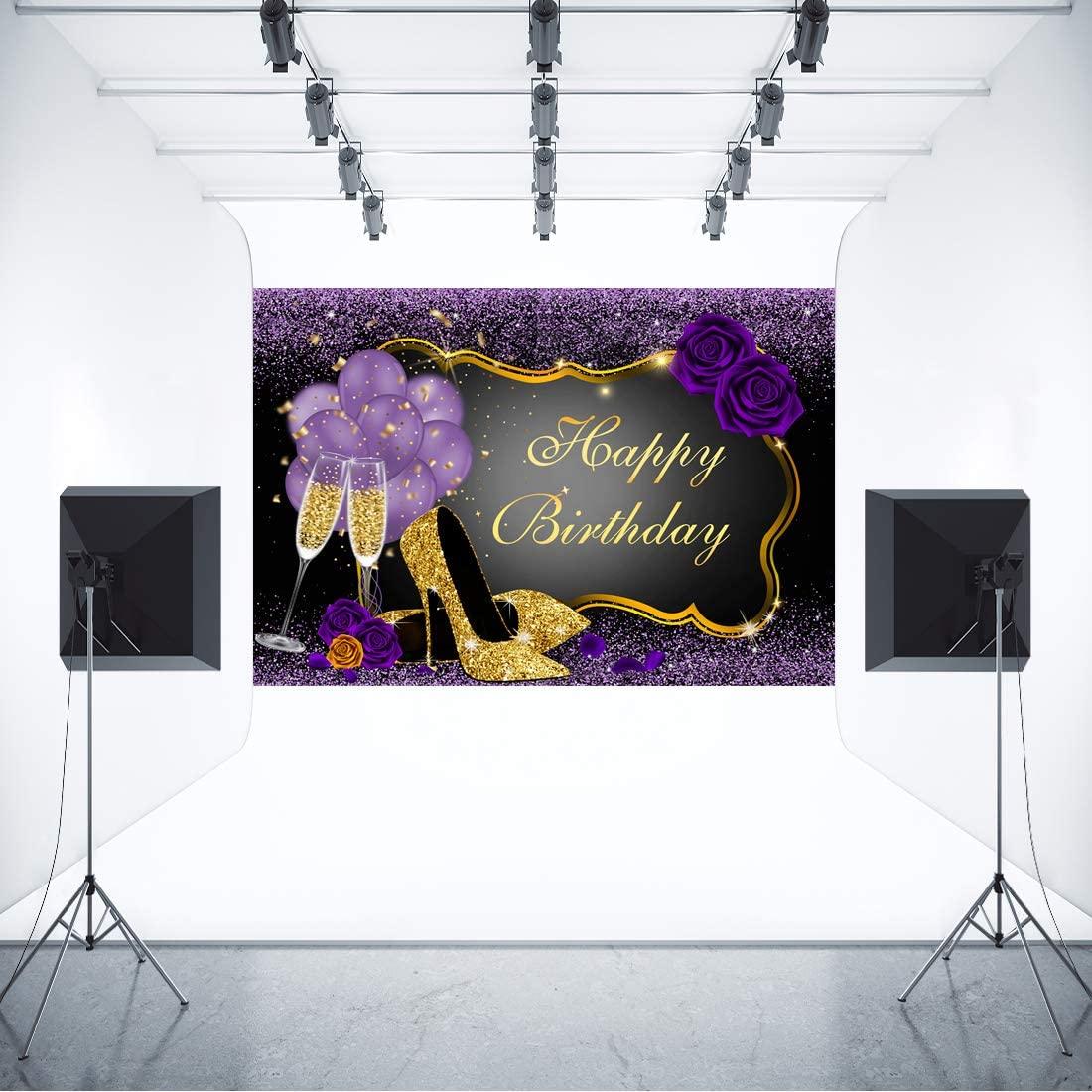 7x5FT Purple Happy Birthday Backdrop Rose Shiny Sequin High Heels Champagne Golden Frame Glasses Photography Background - Decotree.co Online Shop