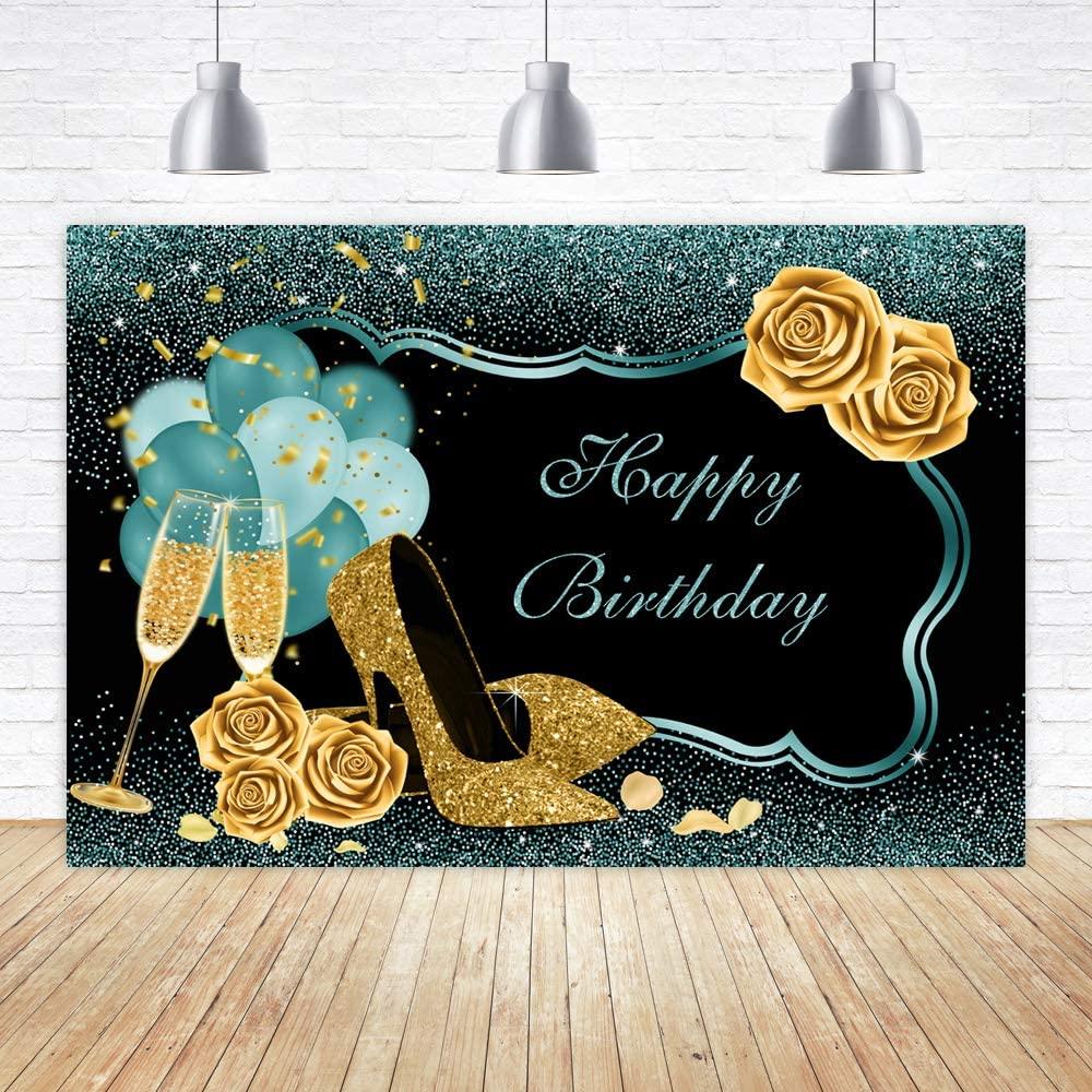 7x5ft Turquoise Green Gold Happy Birthday Backdrop Golden High Heels Glasses Photography Background - Decotree.co Online Shop