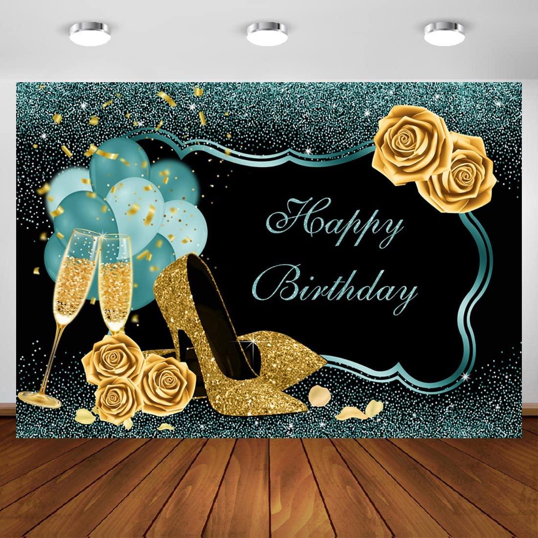 7x5ft Turquoise Green Gold Happy Birthday Backdrop Golden High Heels Glasses Photography Background - Decotree.co Online Shop