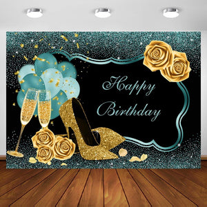 7x5ft Turquoise Green Gold Happy Birthday Backdrop Golden High Heels Glasses Photography Background - Decotree.co Online Shop