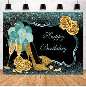 7x5ft Turquoise Green Gold Happy Birthday Backdrop Golden High Heels Glasses Photography Background - Decotree.co Online Shop