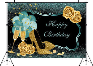 7x5ft Turquoise Green Gold Happy Birthday Backdrop Golden High Heels Glasses Photography Background - Decotree.co Online Shop