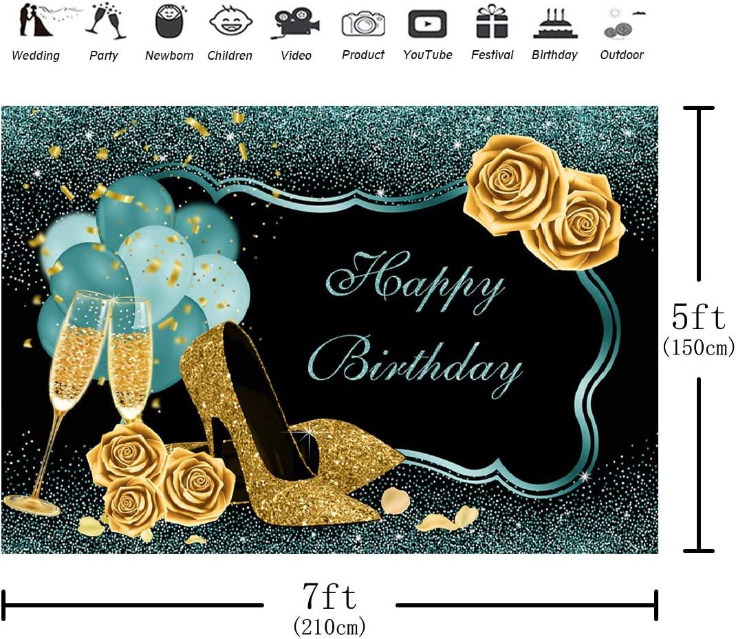 7x5ft Turquoise Green Gold Happy Birthday Backdrop Golden High Heels Glasses Photography Background - Decotree.co Online Shop