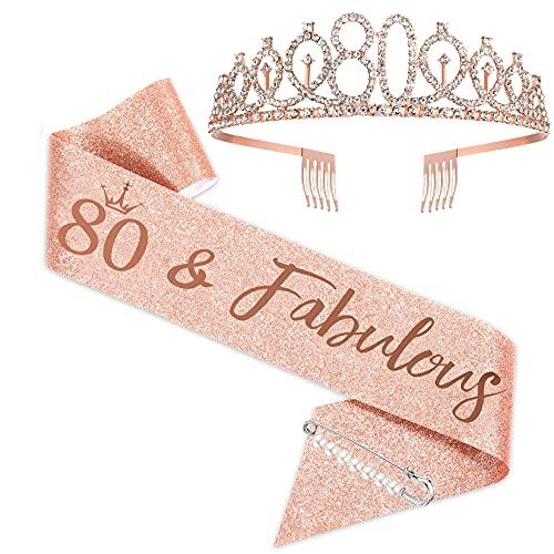 80th Birthday Sash and Tiara for Women, Rose Gold Birthday Sash Crown 80 & Fabulous Sash and Tiara for Women, 80th Birthday Gifts for Happy 80th Birthday Party Favor Supplies - Decotree.co Online Shop