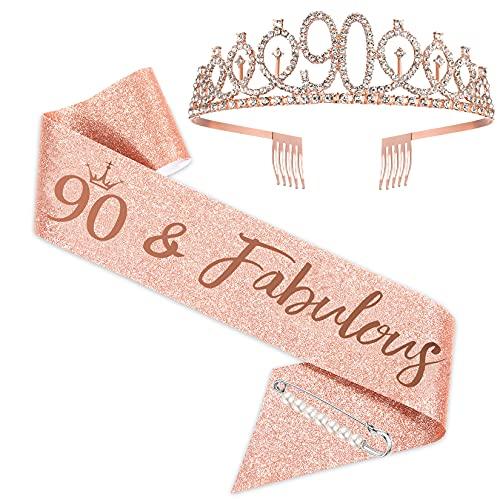 90th Birthday Sash and Tiara for Women, Rose Gold Birthday Sash Crown 90 & Fabulous Sash and Tiara for Women, 90th Birthday Gifts for Happy 90th Birthday Party Favor Supplies - Decotree.co Online Shop