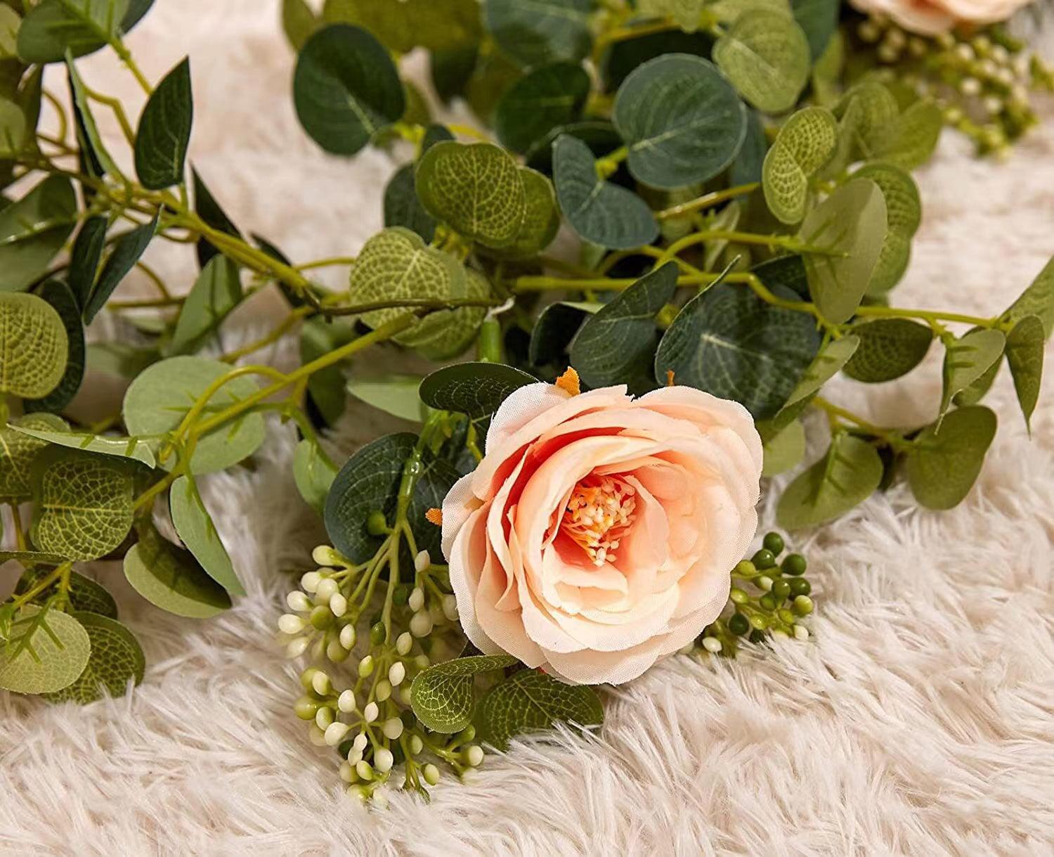 Artificial Eucalyptus Garland with White Rose 6.6 Feet Artificial Floral Vines for Wedding Decorations Indoor Outdoor Backdrop Wall Décor Table Runner - Decotree.co Online Shop