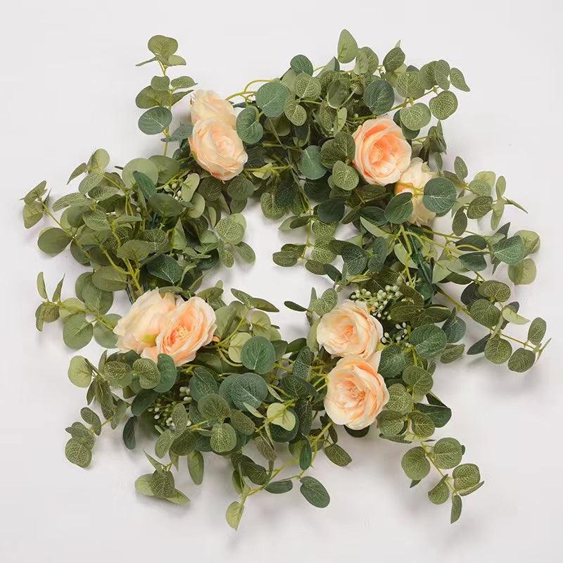 Artificial Eucalyptus Garland with White Rose 6.6 Feet Artificial Floral Vines for Wedding Decorations Indoor Outdoor Backdrop Wall Décor Table Runner - Decotree.co Online Shop