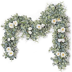 Artificial Eucalyptus Garland with White Rose 6.6 Feet Artificial Floral Vines for Wedding Decorations Indoor Outdoor Backdrop Wall Décor Table Runner - Decotree.co Online Shop