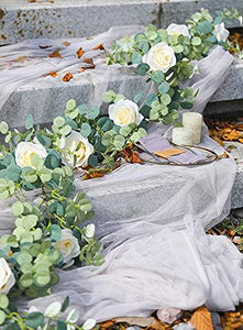 Artificial Eucalyptus Garland with White Rose 6.6 Feet Artificial Floral Vines for Wedding Decorations Indoor Outdoor Backdrop Wall Décor Table Runner - Decotree.co Online Shop