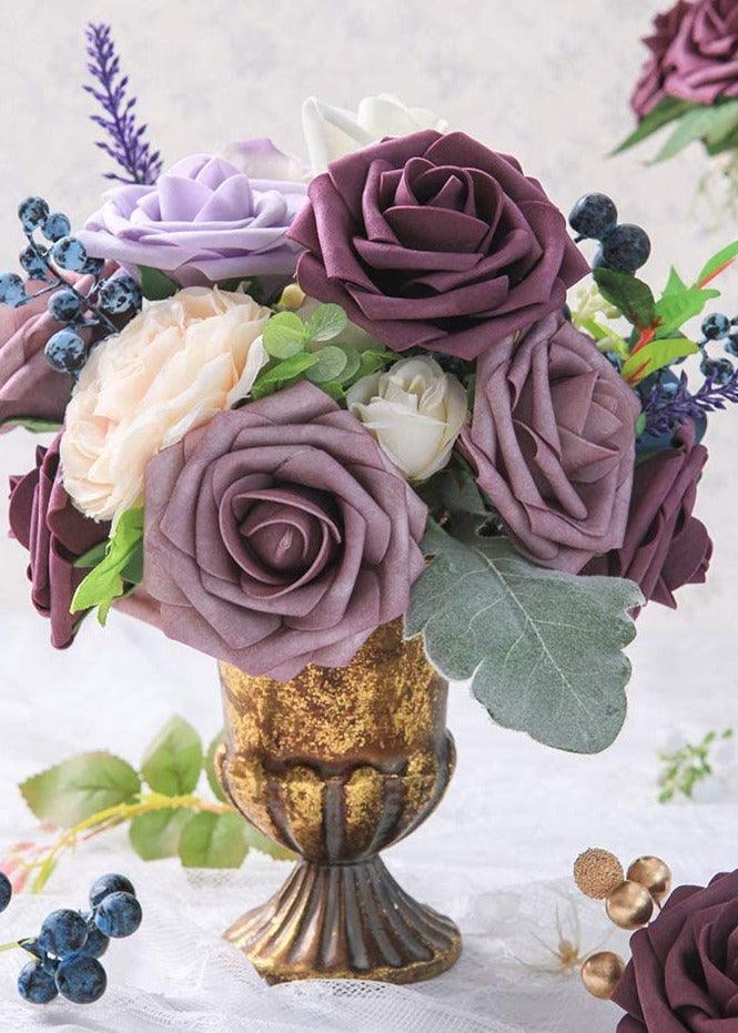 Artificial Flowers Plum Foam Fake Roses with Stems for DIY Wedding Bouquets Bridal Shower Centerpieces - Decotree.co Online Shop