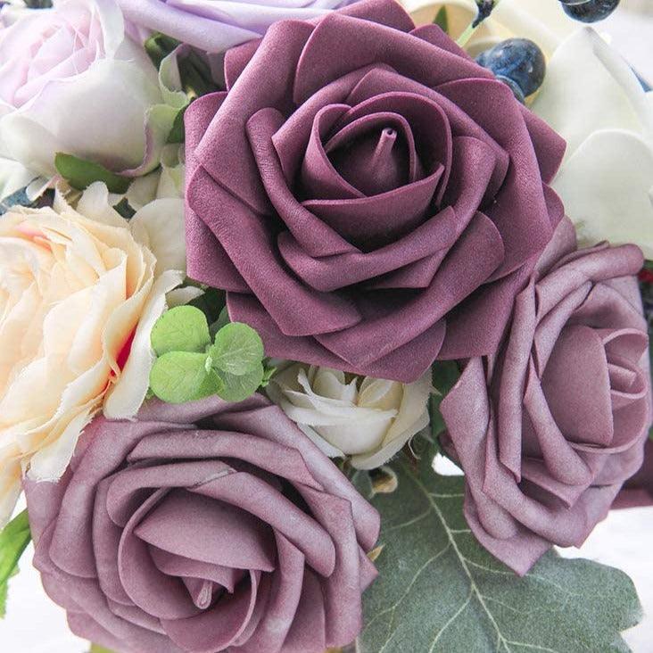 Artificial Flowers Plum Foam Fake Roses with Stems for DIY Wedding Bouquets Bridal Shower Centerpieces - Decotree.co Online Shop