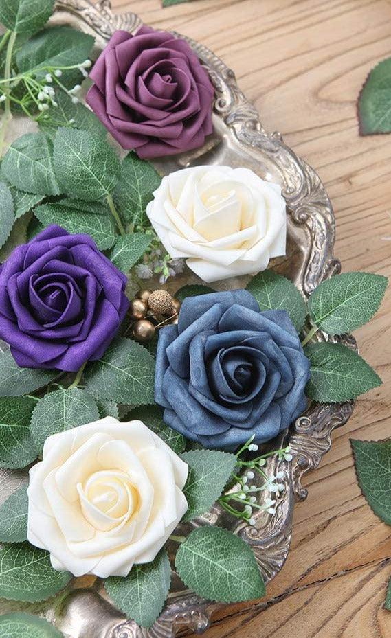 Artificial Flowers Plum Foam Fake Roses with Stems for DIY Wedding Bouquets Bridal Shower Centerpieces - Decotree.co Online Shop