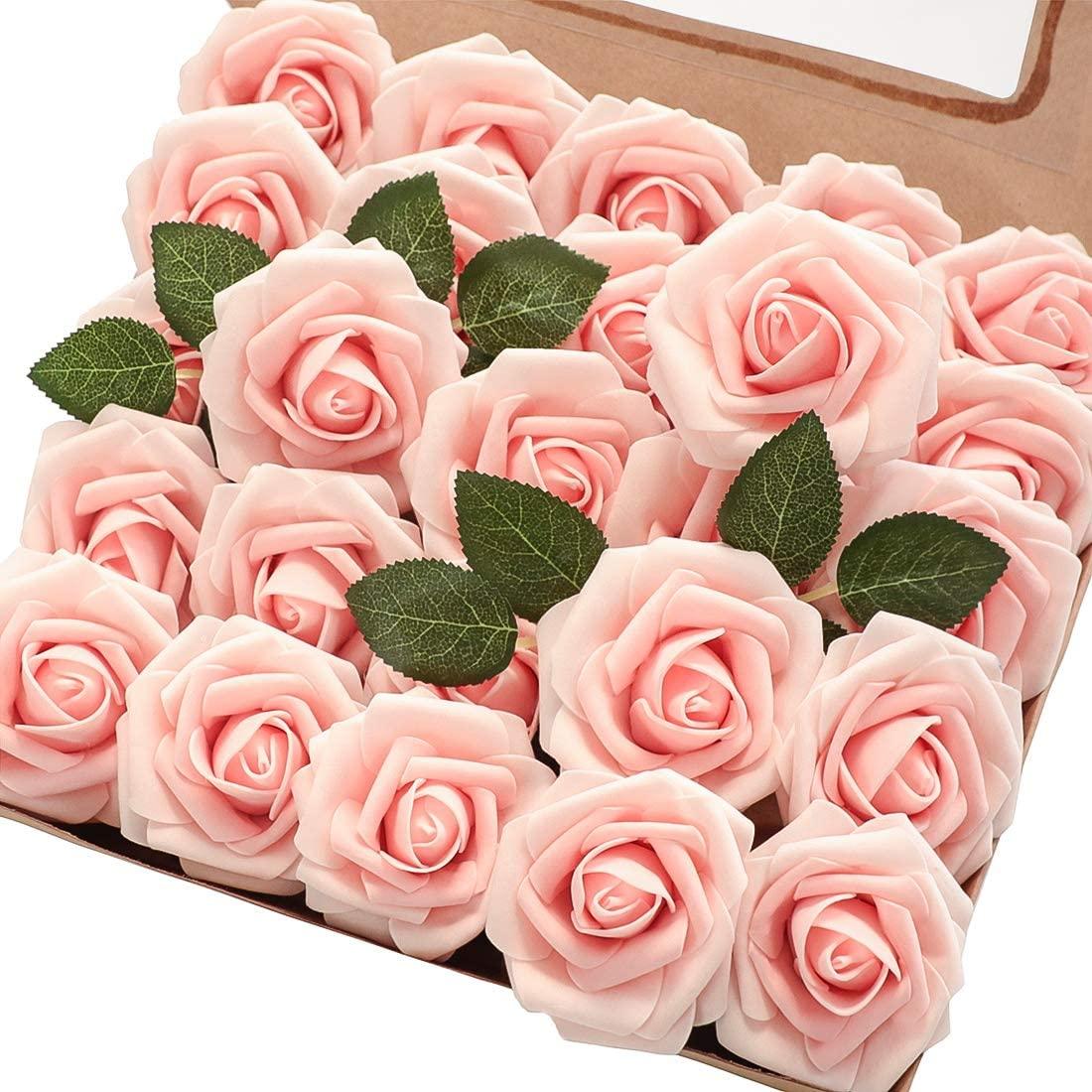 Artificial Flowers Real Looking Blush Heirloom Foam Fake Roses with Stems for DIY Wedding Bouquets Pink Bridal Shower Centerpieces - Decotree.co Online Shop